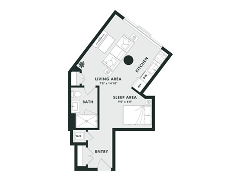 A black and white image of a house floor plan with a living area, kitchen, sleeping area, bathroom, and entry.